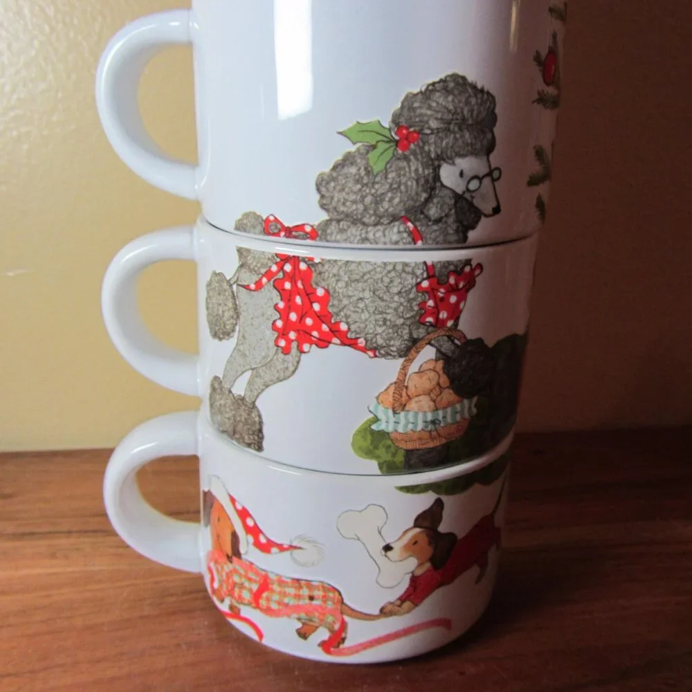 9 oz pier one mugs christmas morning pups dogs - set of 4 (W4709)
